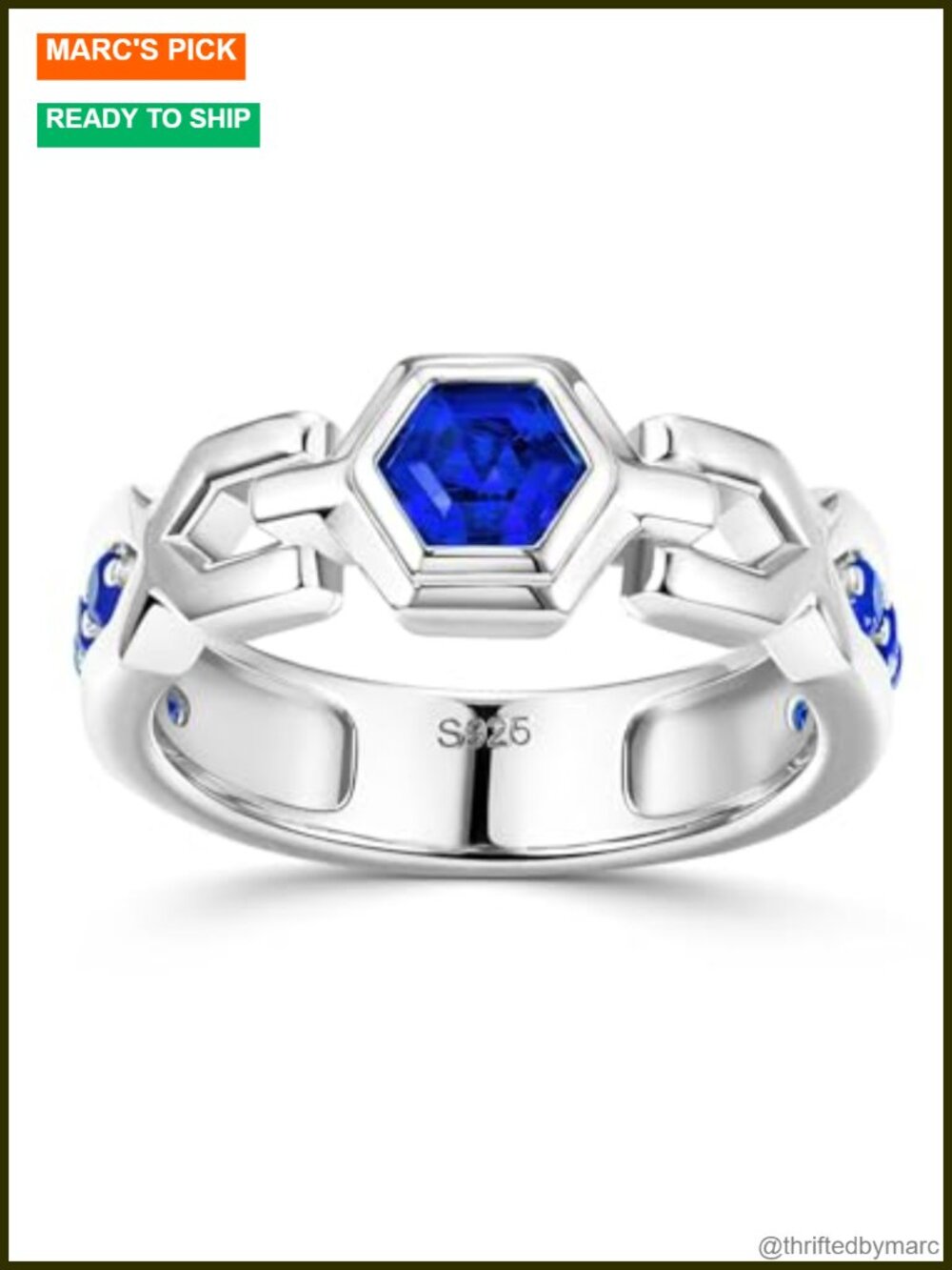Sterling Silver Sapphire Hexagon Eternity Band Ring Bezel Set Wedding